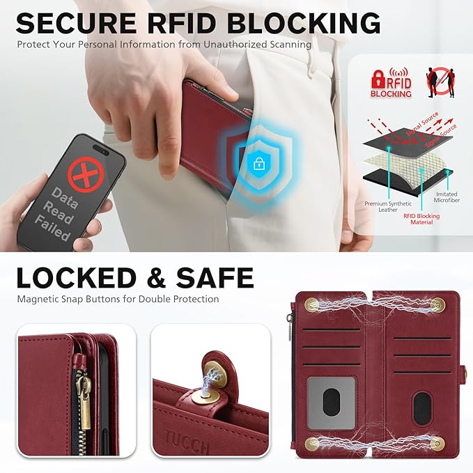 TUCCH Detachable Crossbody Case Wallet for iPhone Air 6.5", Wireless Charging | RFID Blocking 9 Card Holders | Lanyard | Wrist Strap | Stand | Zipper Pocket | PU Leather | Magnetic Cover | Dark Red