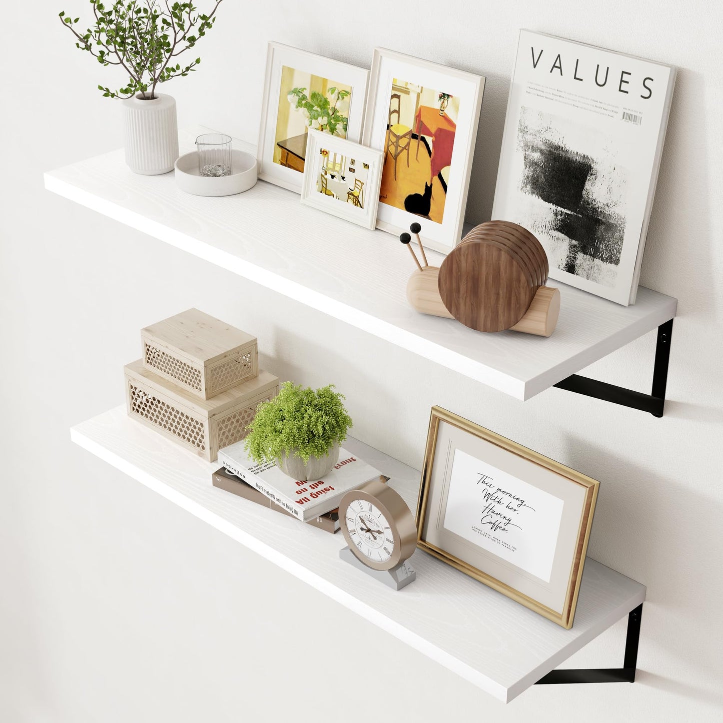 Axeman Floating Shelves for Wall White - 36 Inch Wide x 12 Inch Deep Wall Shelves Set of 2 - White Deep Wood Floating Shelves for Living Room Bedroom Laundry Room