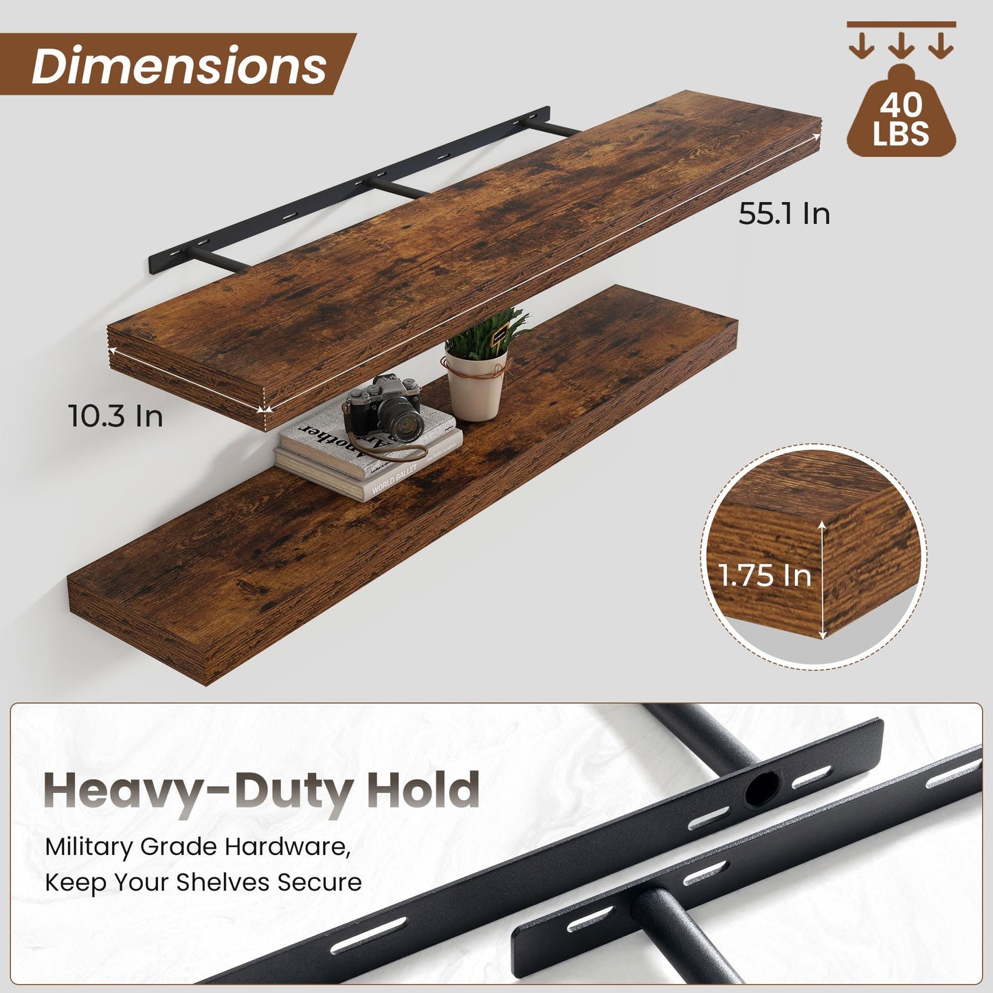Heimlove Floating Shelves for Wall 55 Inch Long,Extra Large and Thick Wood Shelves Mounted Storage Hanging Shelf Invisible Bracket for Bedroom,Living Room,Kitchen,Office,Rustic Brown