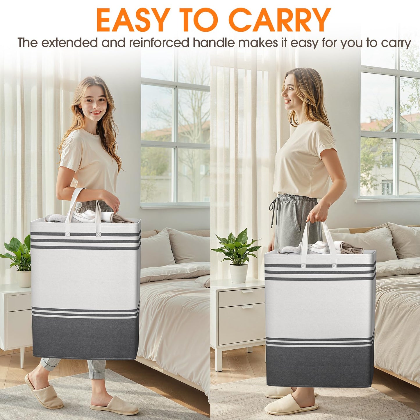 EpicTotes 2 Pack Large Home Laundry Basket, Laundry Hamper, Freestanding Waterproof Dirty Clothes Bag, Tall Clothes Hamper - Extended & Reinforced Handles for College Dorm, Family (Light Grey/125L)
