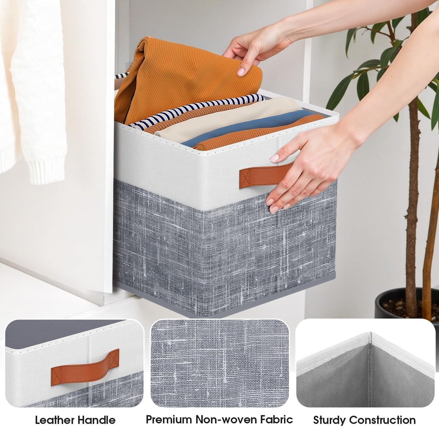 Fab totes Collapsible Storage Baskets for Shelves,14"x10", 4 Pack Foldable Fabric Storage Bins with Double Leather Handles, Large Baskets for Organizing Books, Clothes, White & Grey