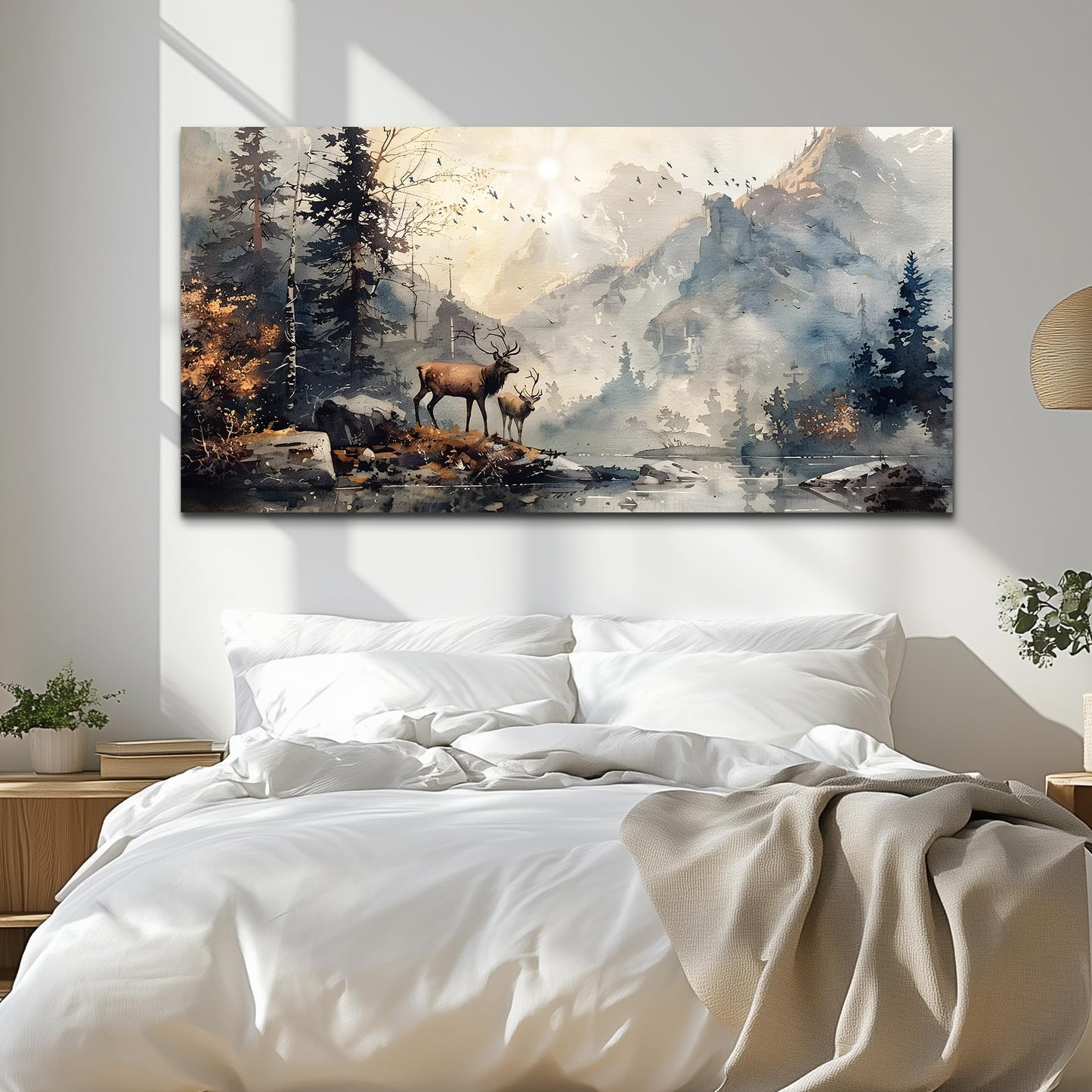 FUHAIHUA Canvas Wall Art For Living Room Large Wall Decor For Office Bedroom Wall Pictures Mountain Forest Landscape Ink Paintings Modern Poster Prints Artwork Room Home Decor Deer Mural 24x48 In