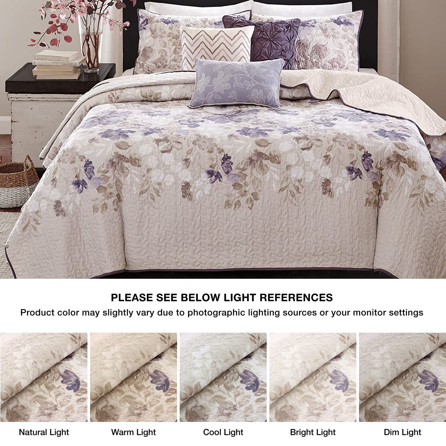 Madison Park Luna Quilt Modern Classic Design All Season, Breathable Coverlet Lightweight Bedding Set, Matching Shams, Decorative Pillow, King/Cal King(104"x94"), Floral Taupe 6 Piece