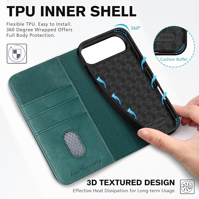TUCCH Wallet Case for iPhone Air (6.5-Inch) 2025, 3 Credit Card Slot | RFID Blocking | Stand | PU Leather | Shockproof TPU Interior Shell | Protective Flip Folio Cover | Teal Blue