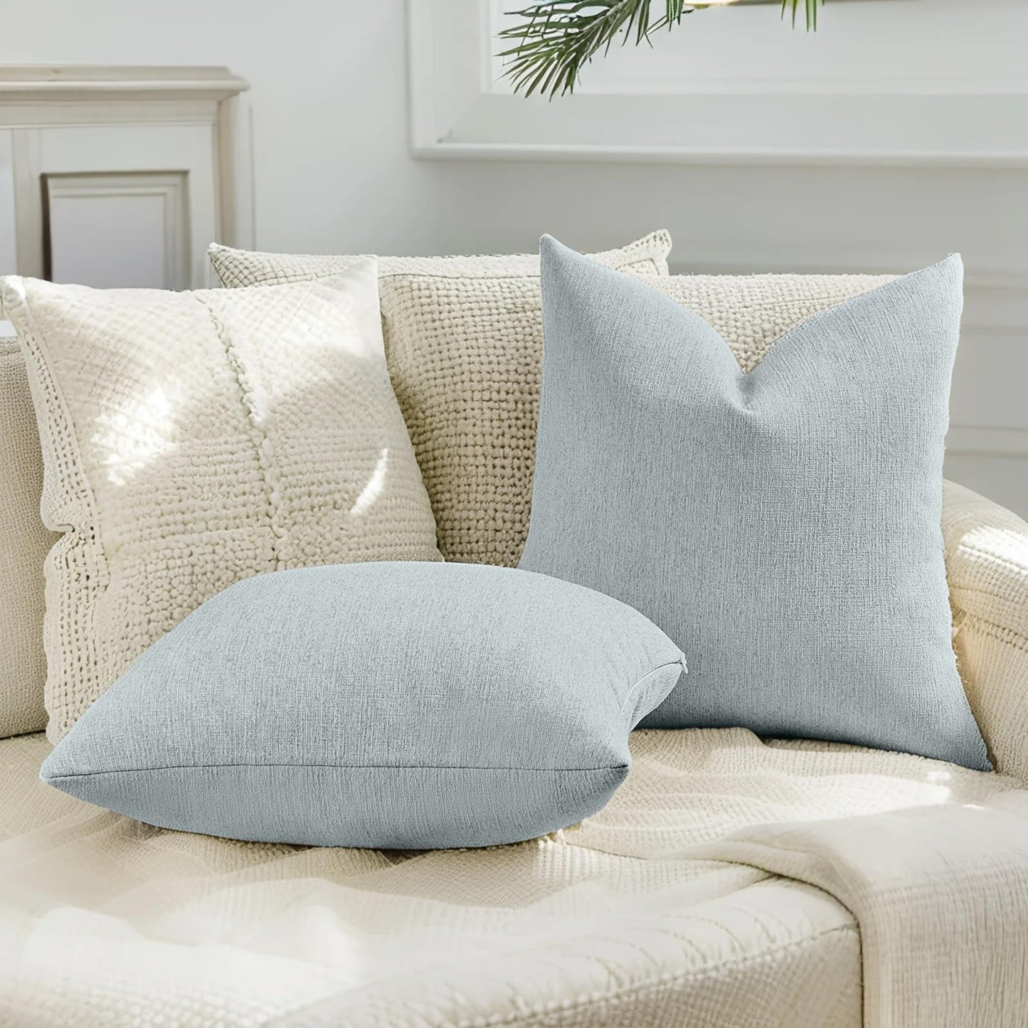 HAUSSY Pack of 2 Faux Linen Pillow Covers 18x18 Inch, Decorative Throw Pillows Soft Boho Neutral Cushion Covers Home Decor Modern Pillow Cases for Couch Living Room Sofa Bed, Dusty Blue (Covers Only)