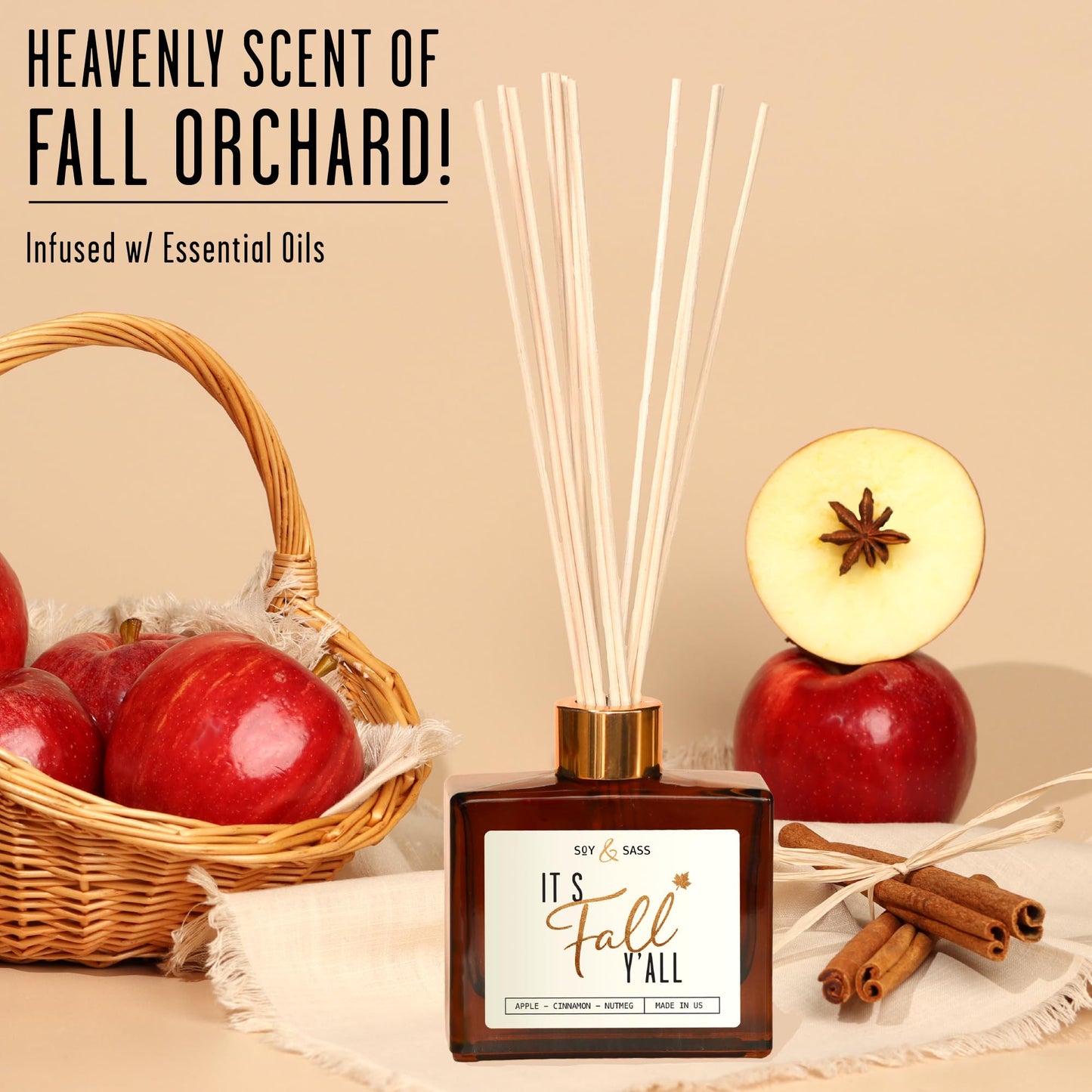 Fall Reed Diffusers for Home Set, Fall Diffuser -It's Fall Y'all! w/Apple, Cinnamon & Nutmeg I Infused w/Essential Oils I Fall Smells for House I 5.75 OZ Oil Scent Lasts 4-6 Month's, Made in The USA