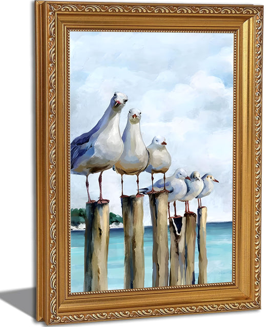 Gold Framed Seagull Canvas Wall Art Coastal Sea Birds Paintings Pictures Wall Decor Teal Ocean Beach posters prints Artwork for Living Room Bedroom Bathroom Home Decoration 9x11in