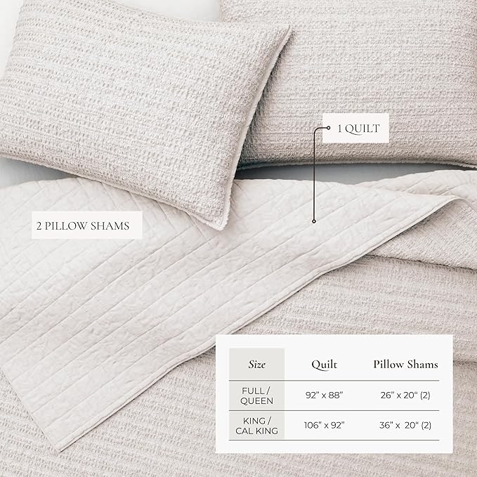 Great Bay Home Full/Queen Size Light Grey 100% Cotton Honeycomb Waffle Quilt and Sham Set - Garment Washed, Waffle Weave Like Texture, Lightweight 3-Piece Bedding Set