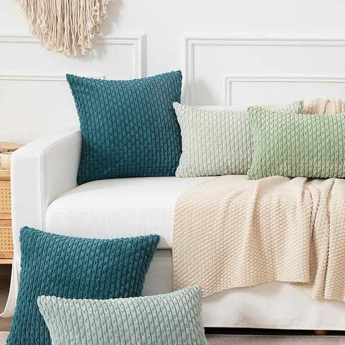 Kevin Textile Throw Pillow Covers Soft Corduroy Decorative Set of 2 Boho Striped Pillow Covers Pillowcases Farmhouse Home Decor for Couch Bed Sofa Living Room 20x20 Inch Teal Blue