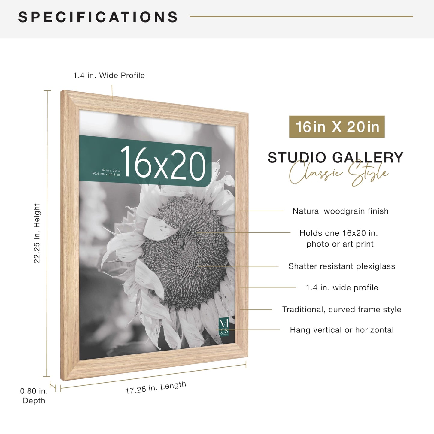 MCS Studio Gallery Classic 16x20 Poster Frame Natural Woodgrain Engineered Wood, Vertical & Horizontal Wall Hanging Large Picture Frame for Photos, Posters & Art Prints (1-Pack)