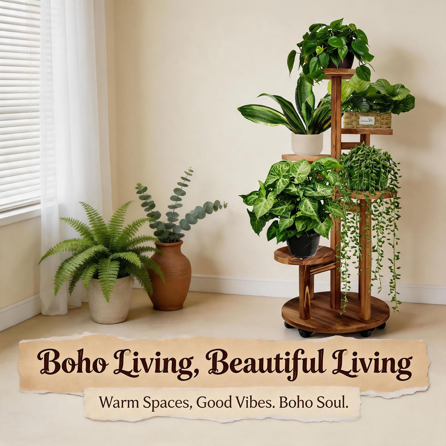 GEEBOBO 5 Tiered Tall Plant Stand for Indoor, Wood Plant Shelf Corner Display Rack, Multi-tier Planter Pot Holder Flower Stand for Living Room Balcony Garden Patio (Brown)