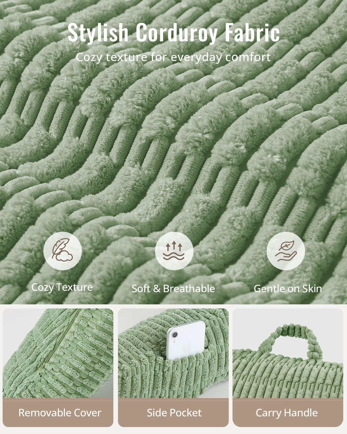 Blissful Diary Reading Pillow, Backrest Pillow with Shredded Memory Foam for Adult & Children, Designed for Bed and Couch Sitting Up, Includes Arms, Pockets and Washable Cover, Sage Green