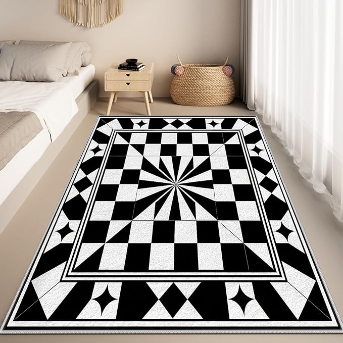 Black and White Checkered Rug, Checkered Rug, Modern Geometric Pattern Carpet, Retro Machine Washable Non Slip Area Rugs, Contemporary Rugs for Living Room/Bedroom 7x9