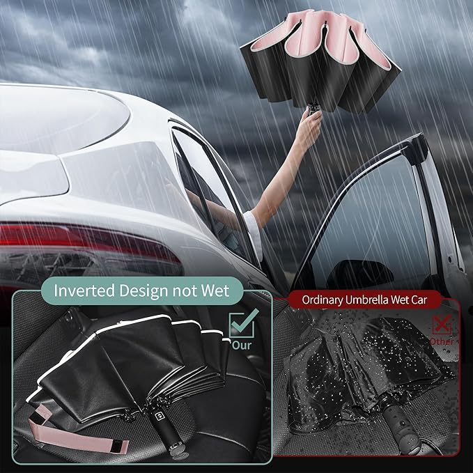 Seniny Inverted Travel Umbrella, Automatic Umbrellas for Rain, Windproof Compact Umbrella with Reflective Stripe, Folding UV Umbrella Sun Umbrella, Portable Large Umbrella for Backpack, Lightweight