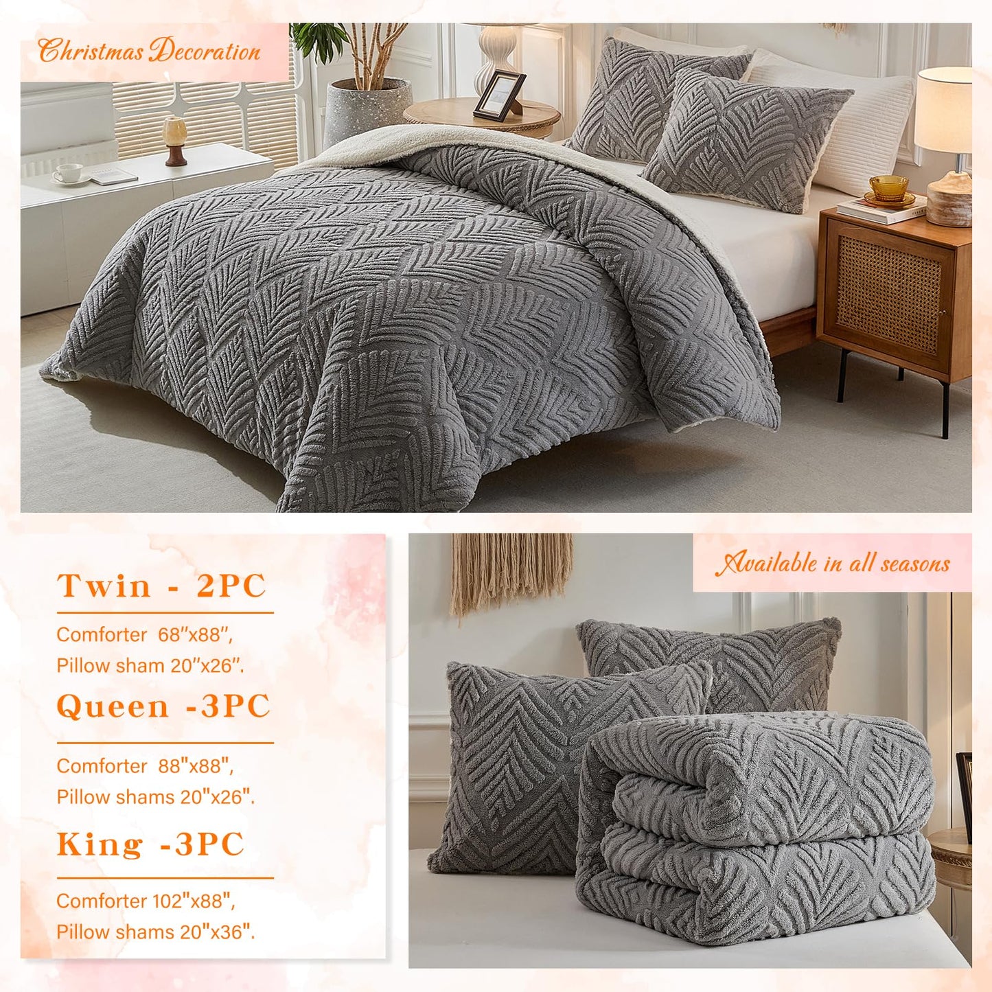 Gray Fluffy Sherpa Queen Size Blanket, Fuzzy Cozy Soft Faux Fur Bed Blanket with Pillowcases, Shaggy Velvet Thick Warm Plush Bedding for Winter (Grey, 88x88 inches + 2 Pillowcases)