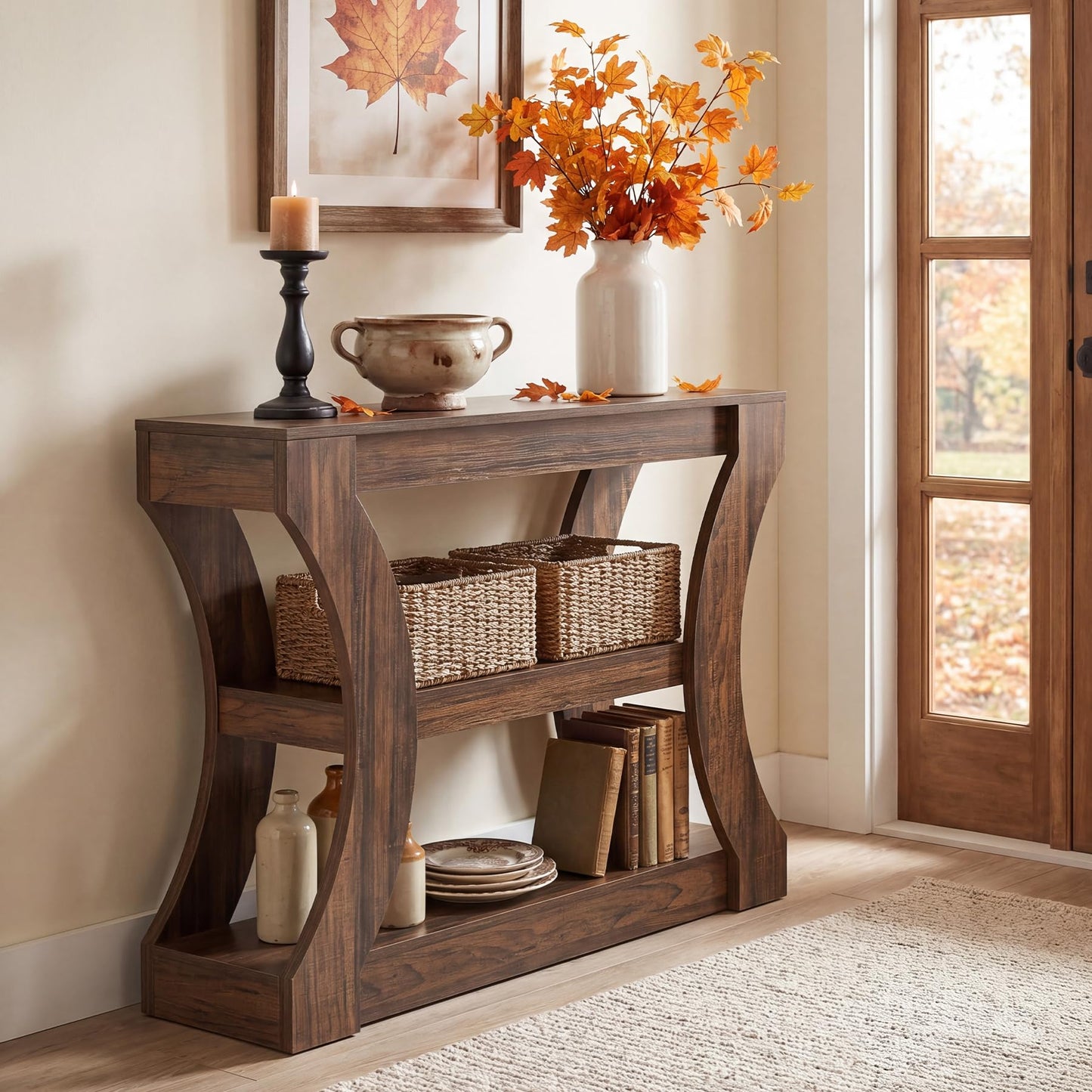 Console Table with Storage Shelves, 41.3" Wood Grain Narrow Entryway Table