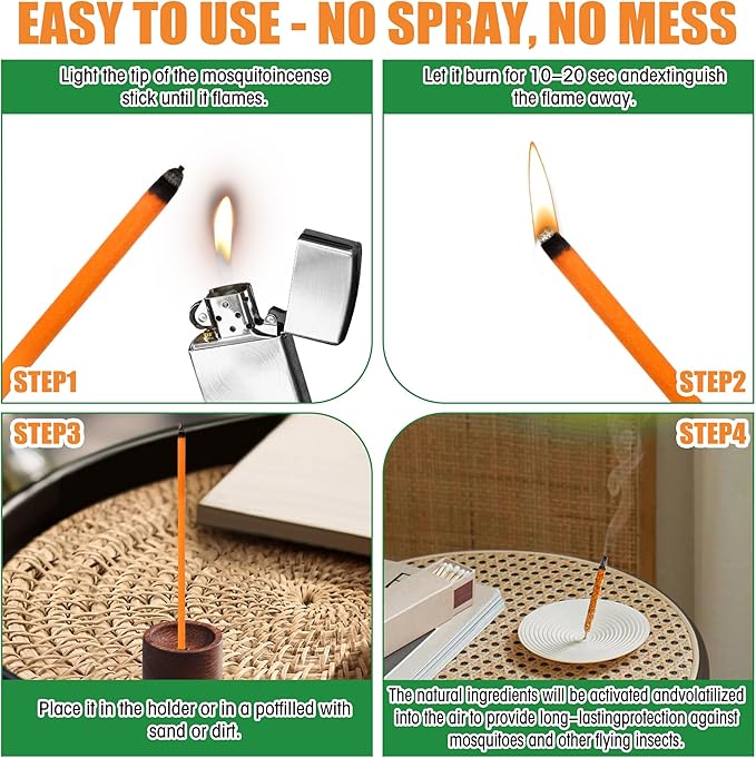 32 Pieces Mosquito Repellent Incense Sticks - DEET-Free Bug Repellent with Citronella & Lemongrass Oils - Natural Outdoor Insect Repellent for Patio, Camping, Travel - 2+ Hours Burn Time Each