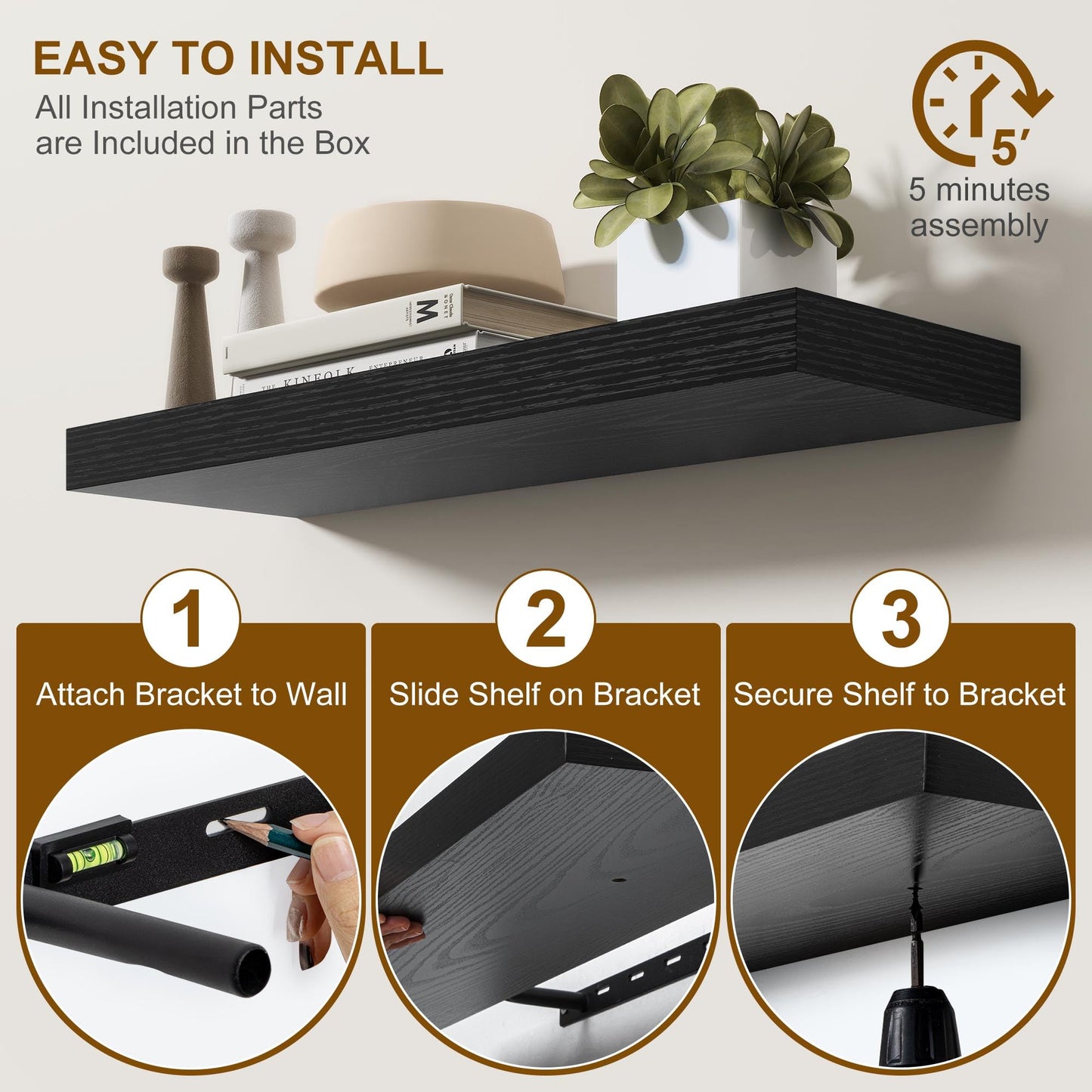 Fun Memories Floating Shelves for Wall, 20Inch Floating Shelves Set of 2, Hanging Shelf with Invisible Brackets, Wood Shelves for Living Room, Bedroom, Kitchen, Black