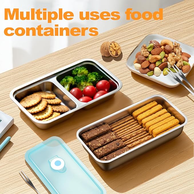 vovoyager Stainless Steel Snack Containers with Lids, Reusable Bento Lunch Container Box, Food Storage, Leak Proof, Dishwasher-Safe, Grab and Go for Work, 1 Single + 1 Double Compartment