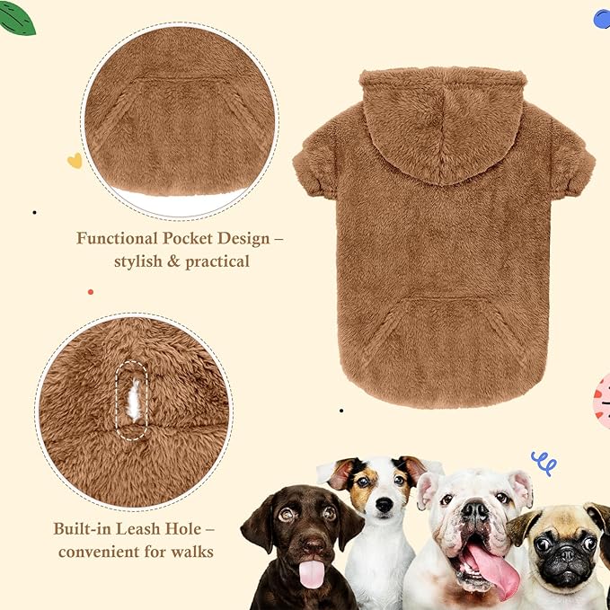 Dog Sweaters,Dog Hoodie,Warm Fuzzy Fleece Sweatshirt with Hood & Pocket,Leash Hole,Cozy Cold Weather Pet Clothes Pet Sweater for Small,Medium,and Large Dogs(Coffee,M)