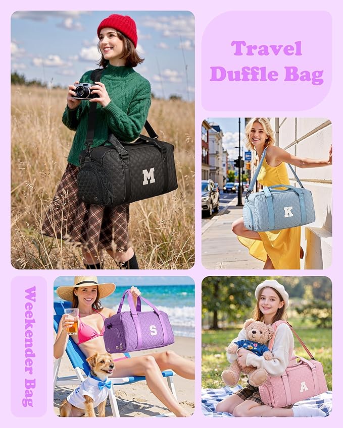 Elilier Initial Travel Duffle Bag Women Girls Gift: Personalized Weekender bags, Dance Cheer bag Sports for Girl, Kid Gymnastics Bags, Birthday Gifts for Women Girls Kids Teens Mom Teacher