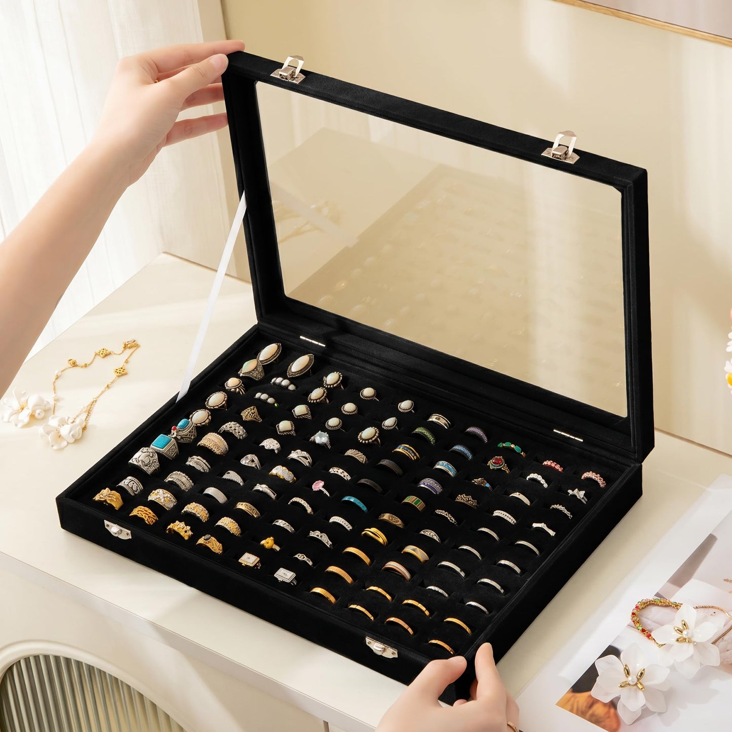 Frebeauty Ring Organizer Tray 100 Slots Ring Holder with Clear Lid Velvet Storage Box Jewelry Tray for Jewelry Store Earring Display Case for Jewelry Show Studs Box for Women(Black)