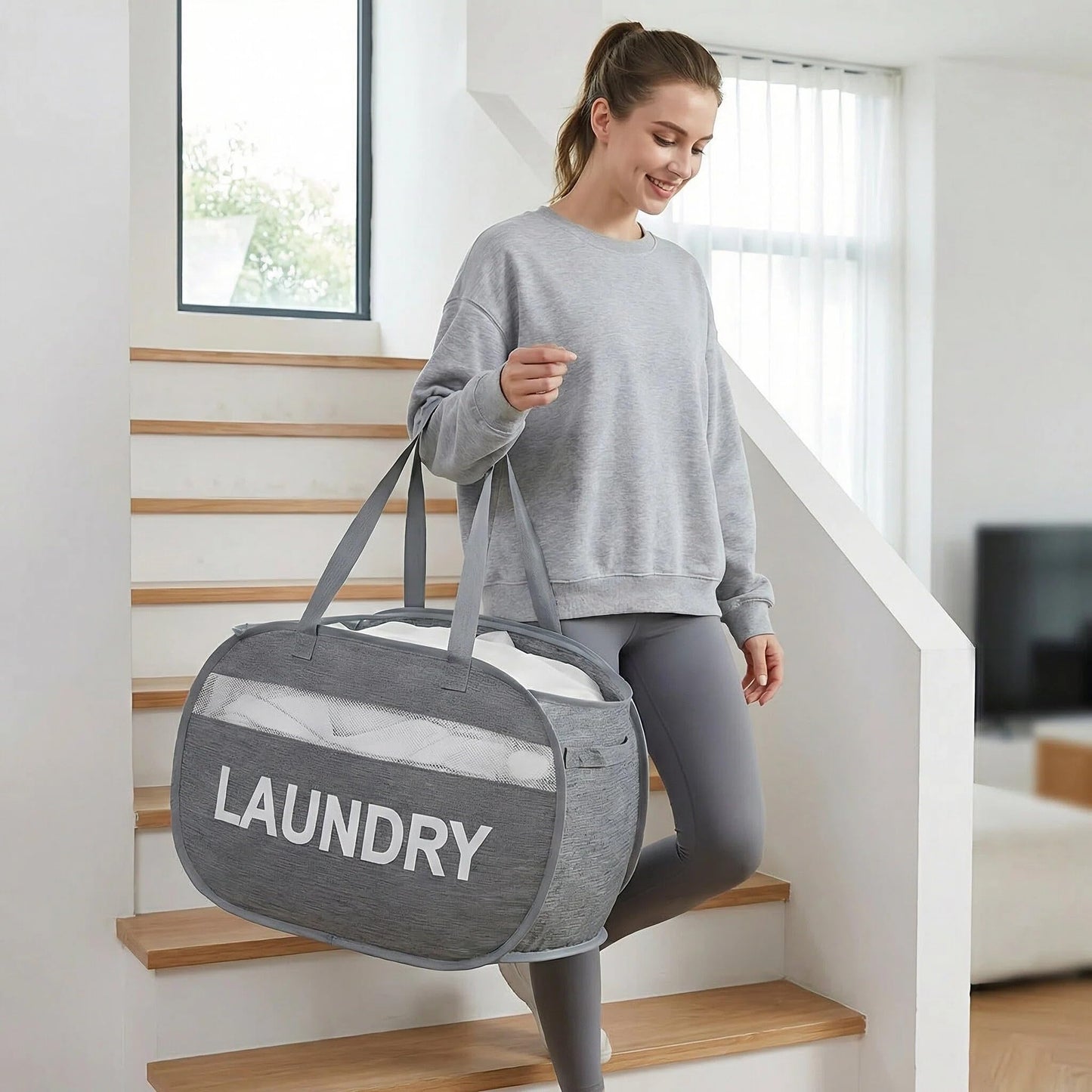 Tsmallbear Foldable Laundry Basket with Zipper Lid, Reinforced Steel Ring Collapsible laundry hamper, 70L RV Storage Bags,Breathable Mesh Dirty clothes hamper with Dual Handles for Home, Dorm,Bedroom