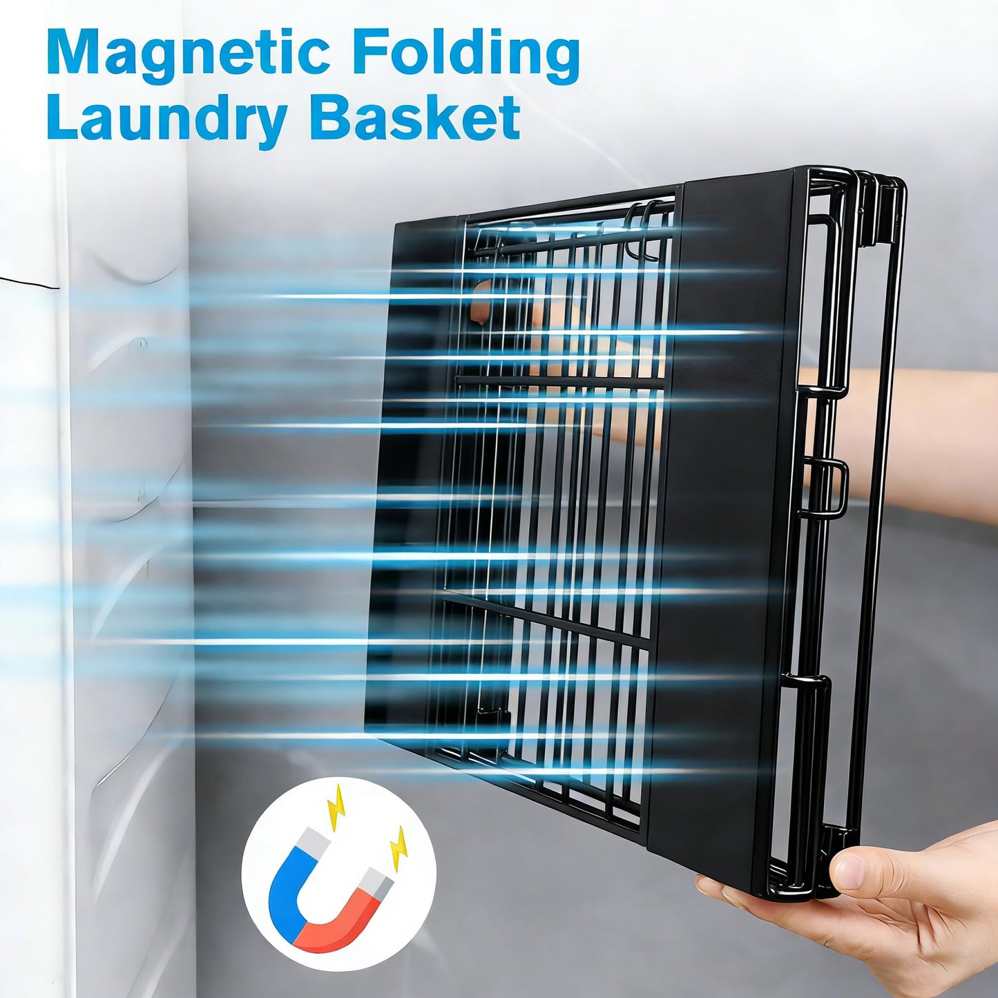 ADVEZO Magnetic Collapsible Laundry Basket, Foldable Metal Laundry Hamper for Washing Machine Side, Space Saving Pop Up Hamper, Laundry Room Organization and Storage (Black)