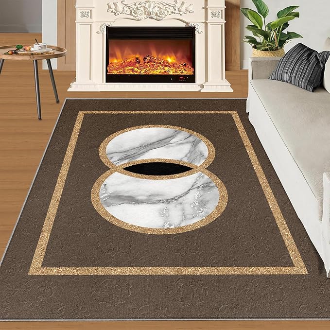 Brown Marble Bedroom Rug Vintage Mid-Century Geometric Rug Marble Pattern Decor Rugs Circle Rectangle Gilded Geometry Floor Mat Elegant Decor for Living Room 3x4ft