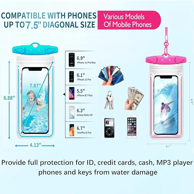 Universal Waterproof Phone Pouch, 4 Pack Waterproof Phone Case Dry Bag with Neck Strap Luminous Ornament for Water Games Protect iPhone 17 16 15 13 Pro Max Plus Galaxy S24 S23 Google Note up to 7.5"