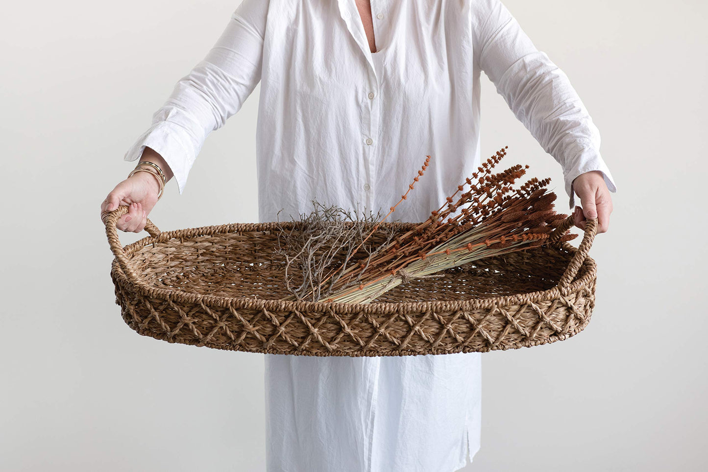 Creative Co-Op Decorative Oval Woven Seagrass Tray with Handles