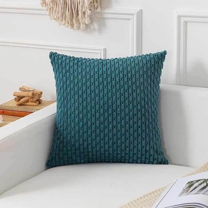 Kevin Textile Throw Pillow Covers Soft Corduroy Decorative Set of 2 Boho Striped Pillow Covers Pillowcases Farmhouse Home Decor for Couch Bed Sofa Living Room 22x22 Inch Teal Blue