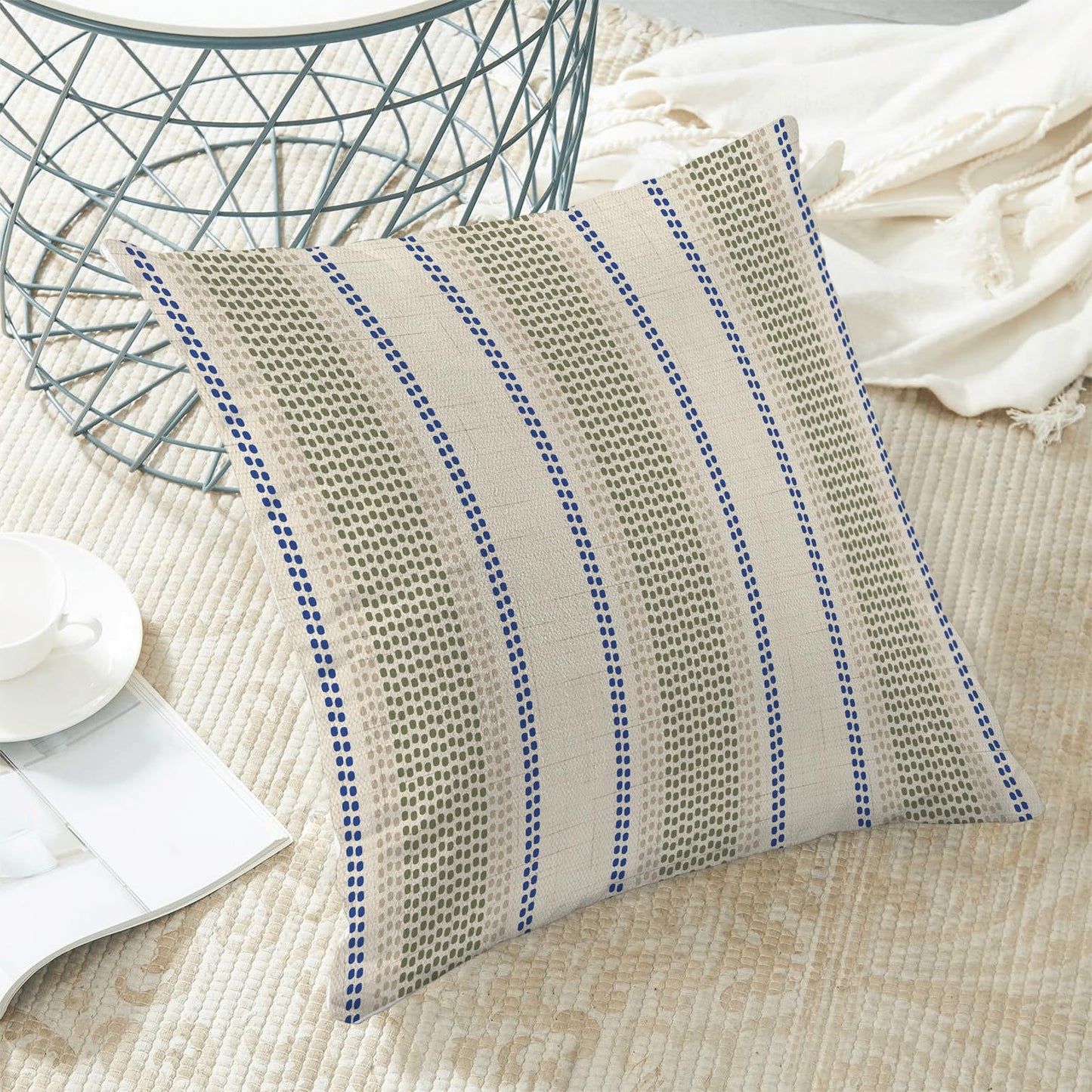 Sorktse Sage Green Blue Pillow Covers 18 x 18 Inch Set of 2 Abstract Boho Throw Pillows Beige Polka Dots Striped Decorative Outdoor Pillowcase Linen Cushion Cases for Home Bed Sofa Couch