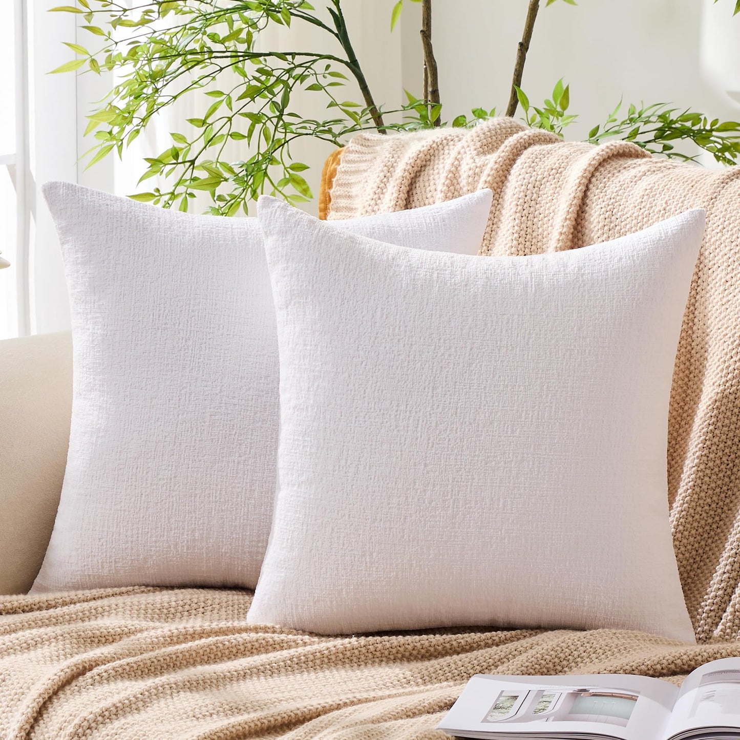 GAWAMAY Set of 2 Soft Textured Chenille Throw Pillow Covers 18x18 Inch (45x45 CM), Decorative Pillowcases Cushion Covers for Farmhouse Home Decor, Couch Living Room Sofa Bedroom Chair, Bright White