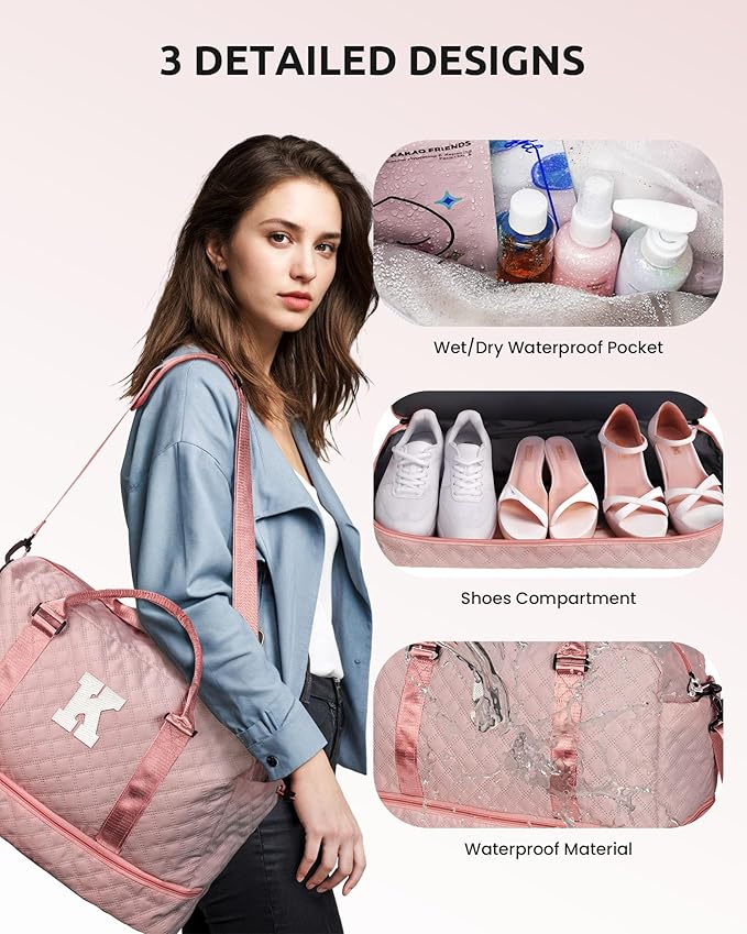 Vogewood Birthday Gifts for 4 5 6 7 8 9 10 11 12 13 14 Year Old Girls-Duffle Bag with Shoe Compartment, Personalized Weekender Bag, Overnight Bag for Women, Travel Bag with Makeup Bag (Letter J)