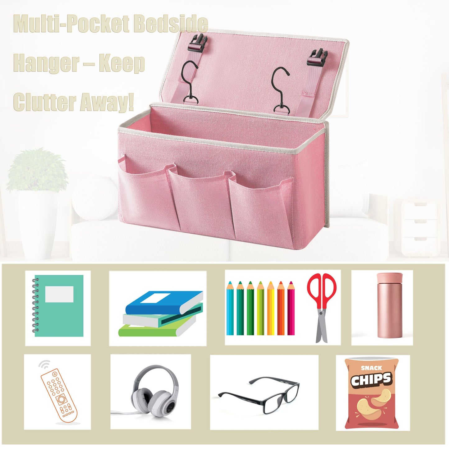 Bedside Caddy/Bedside Storage Organizer Hanging Bag with Three Options,Suitable for home beds, sofas, and dormitory beds—can hold magazines, books, phones, iPads, remote controls. (Pink)