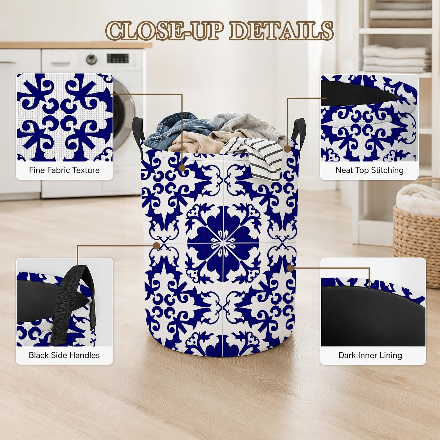 Boho Laundry Basket Oxford Cloth Blue White Tile Laundry Hamper With Handle Foldable Portable Clothes Storage Basket Storage Bag For Laundry Room/Bathroom/Bedroom/Dormitory 20.8"x16"