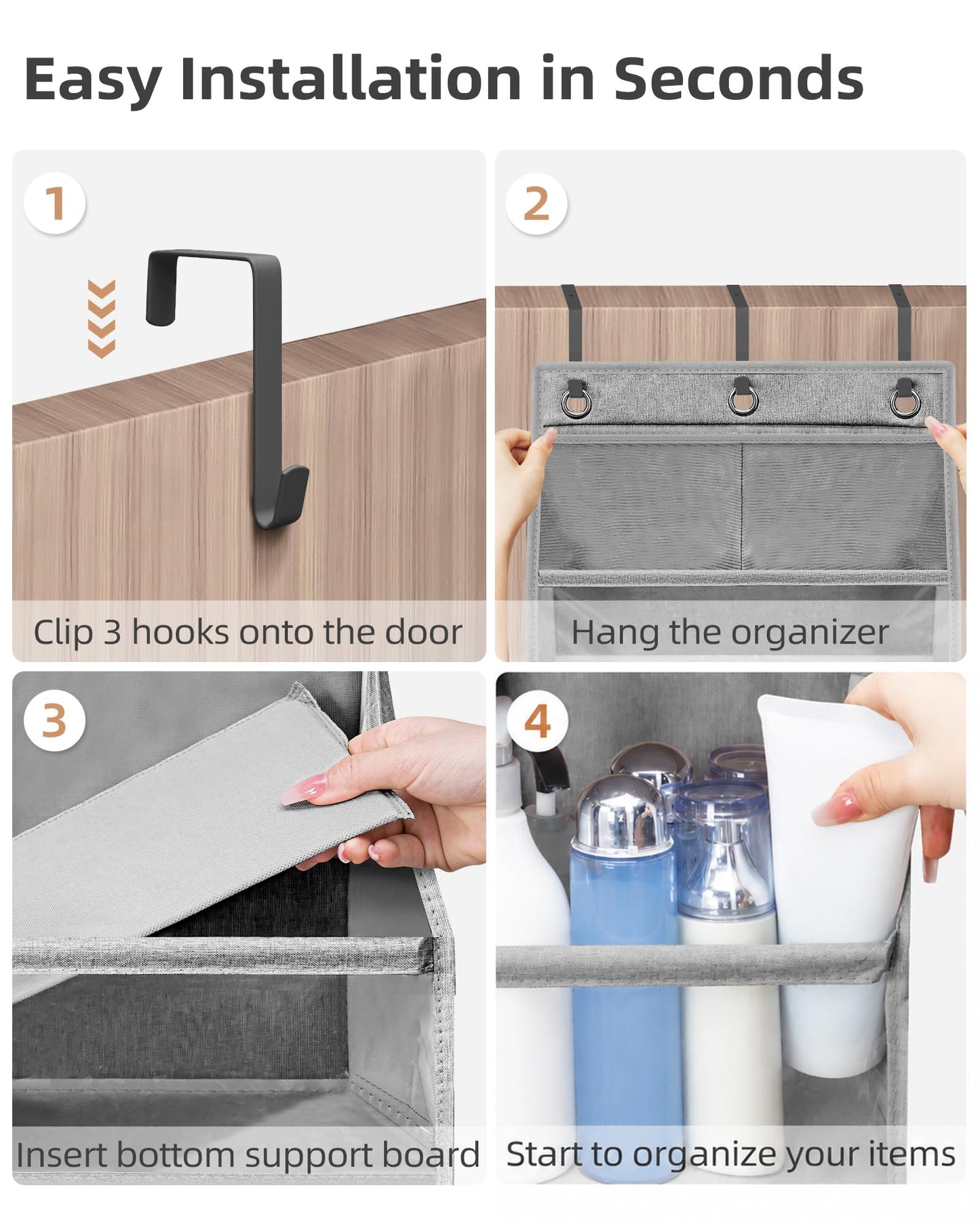 STORAGE MANIAC Over the Door Organizer 6-Shelf Closet Hanging Storage with 14 Mesh Pockets, 66lbs Capacity Clear Deep Pockets Behind Door Storage for Nursery, Bathroom, Bedroom, 1 Pack Grey