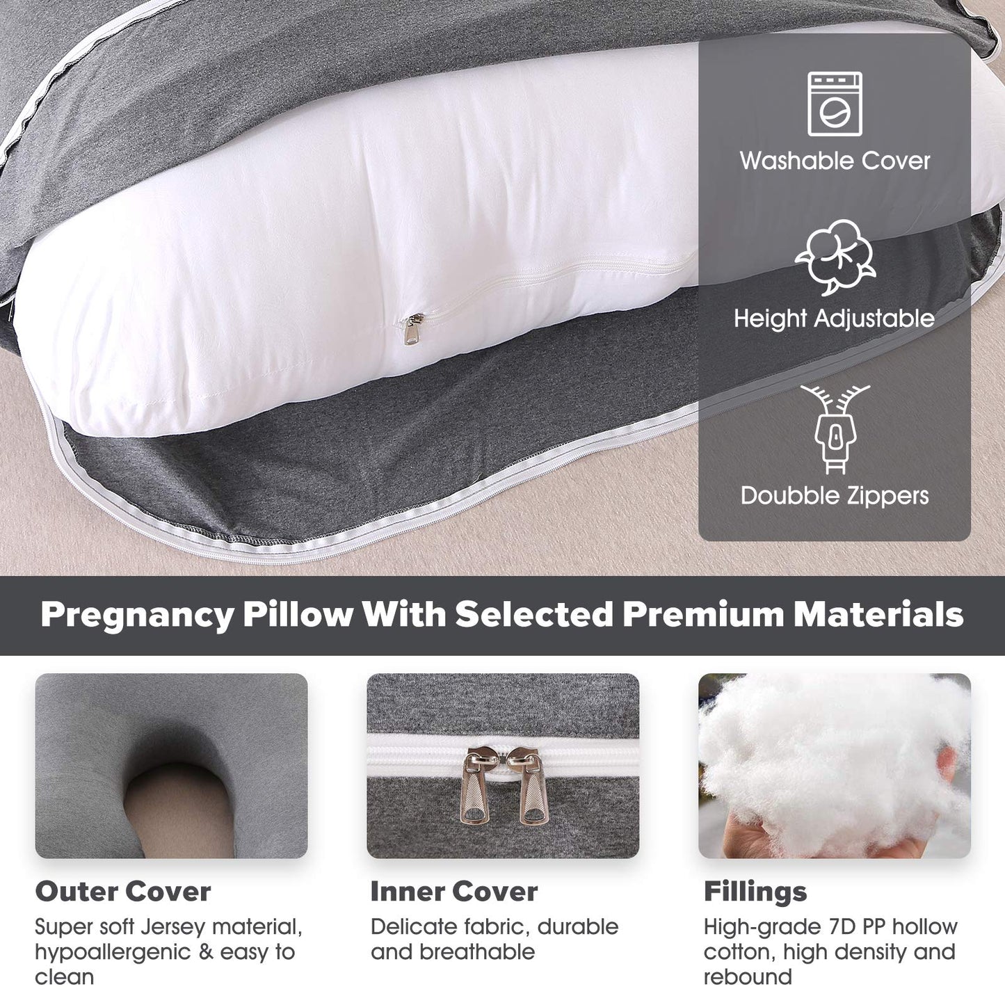 U-Shaped Full Body Pregnancy Pillow for Sleeping – 57" Maternity Pillow with Removable Cover, Support for Back, Legs, Belly & Hips (Jersey-Dark Grey)