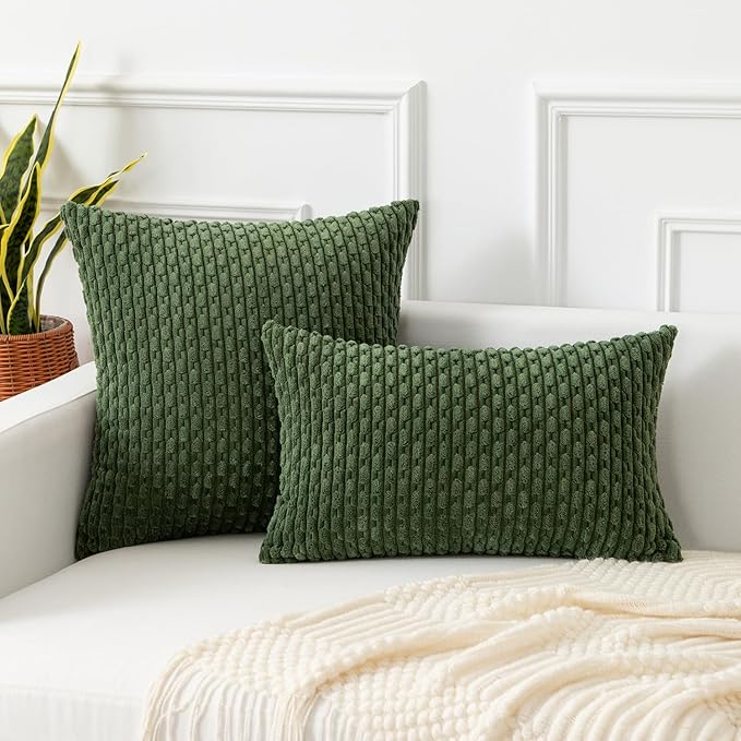 Kevin Textile Throw Pillow Covers Soft Corduroy Decorative Set of 2 Boho Striped Pillow Covers Pillowcases Farmhouse Home Decor for Couch Bed Sofa Living Room 22x22 Inch Moss Green