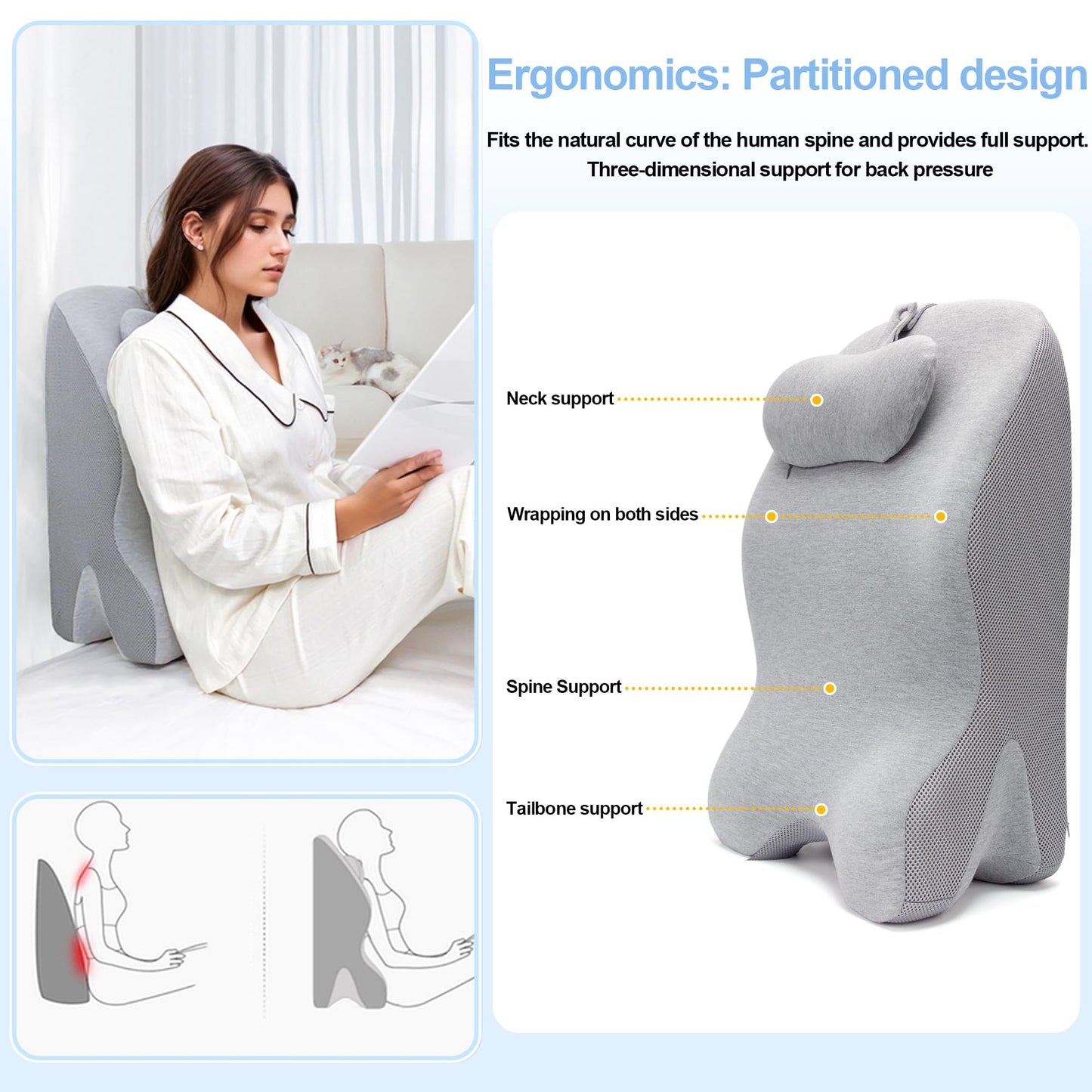 Generic Adult Ergonomic Memory Foam Bed Triangle Wedge Pillow Headboard for Sitting up Back Neck Pain Relief with Face Down Massage Prone Pillow Function for Reading, with Washable Cover (Grey)