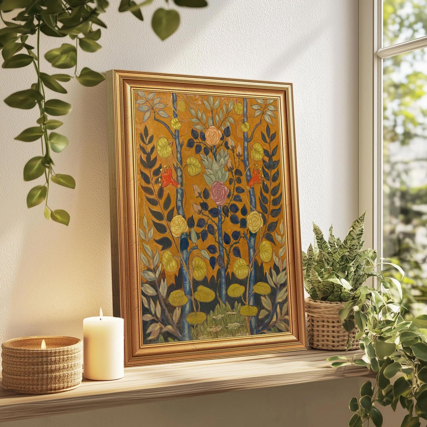 EJPFOGV Art Nouveau Botanical Framed Wall Art on Orange Background 16x24 in