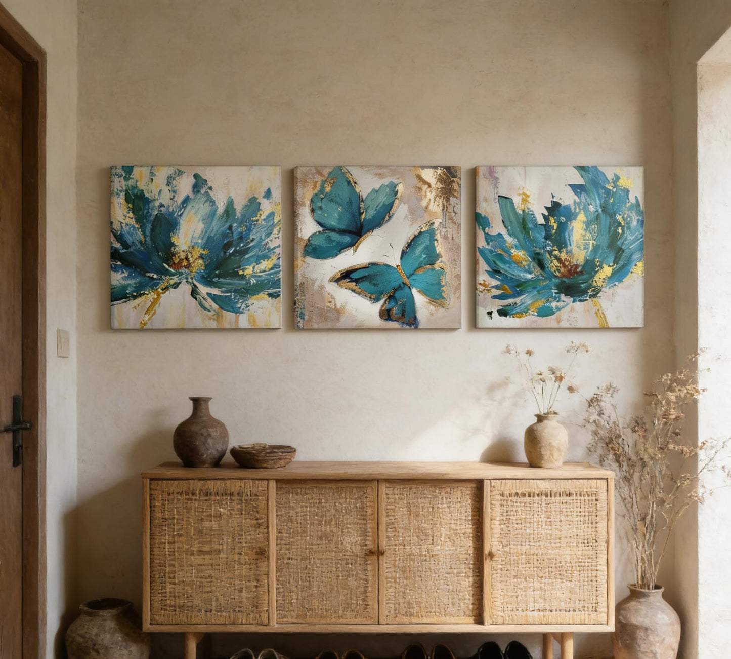 Abstract Blue and Gold Floral Canvas Wall Art Set of 3, with Gold Foil Outline, Stretched and Framed Canvas Artwork with Hanging Hooks & Nails, Modern Wall Decor for Living Room Bedroom Bathroom