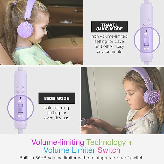 MEE Audio KidJamz KJ55 Safe Listening USB-C Headphones for Children with Multicolor LED Lights, Volume Limiter, & Mic; On-Ear Wired Headset for iPhone 16, iPad, & USB Type C Devices (Lavender)
