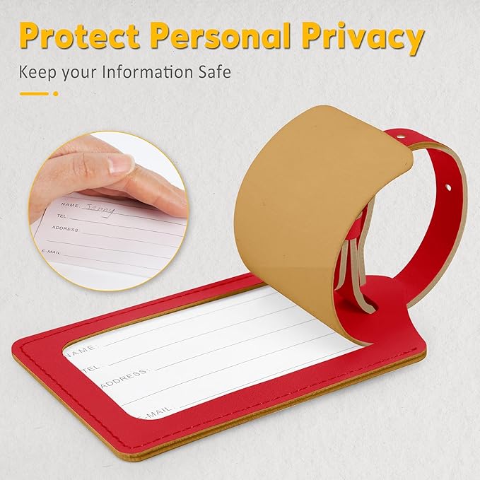 Travelambo 8 Pack Luggage Tags Faux Leather for Suitcases Travel Bag Labels Travel Accessories Essential with Protection Cover ID (Red Deep)