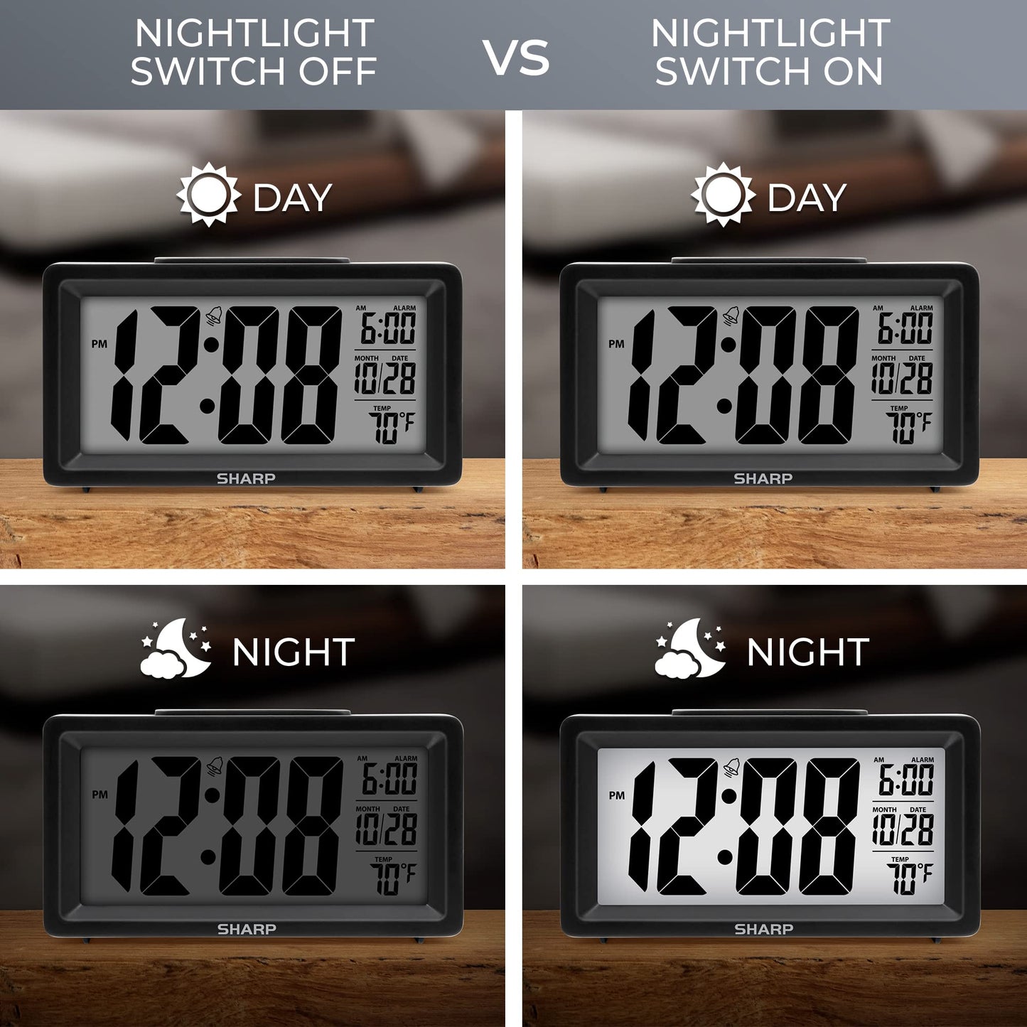 SHARP Alarm Clock with Indoor Temperature, Nightlight, Calendar, Battery Operated Digital Small Clock for Bedrooms or Travel, Black (SPC5025AMZ)