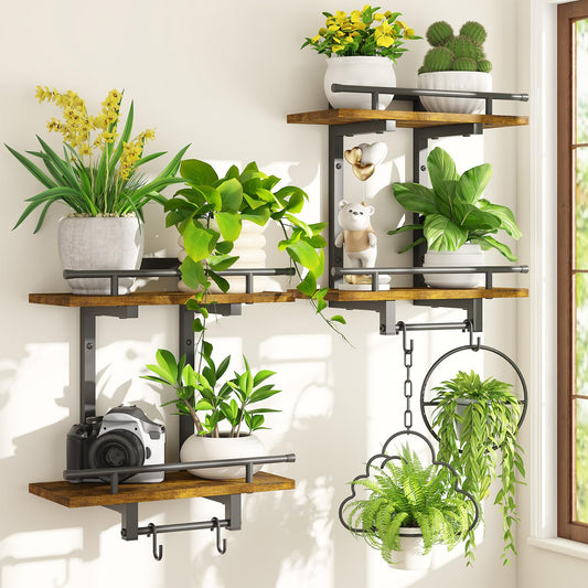 iDavosic.ly Wall Plant Holder Set of 2, 2 Tier Indoor Floating Shelves with 4 Hooks for Hanging Plants, Wall Mounted Space Saving Display Stand for Living Room Bedroom (Pots/Chains Not Included)