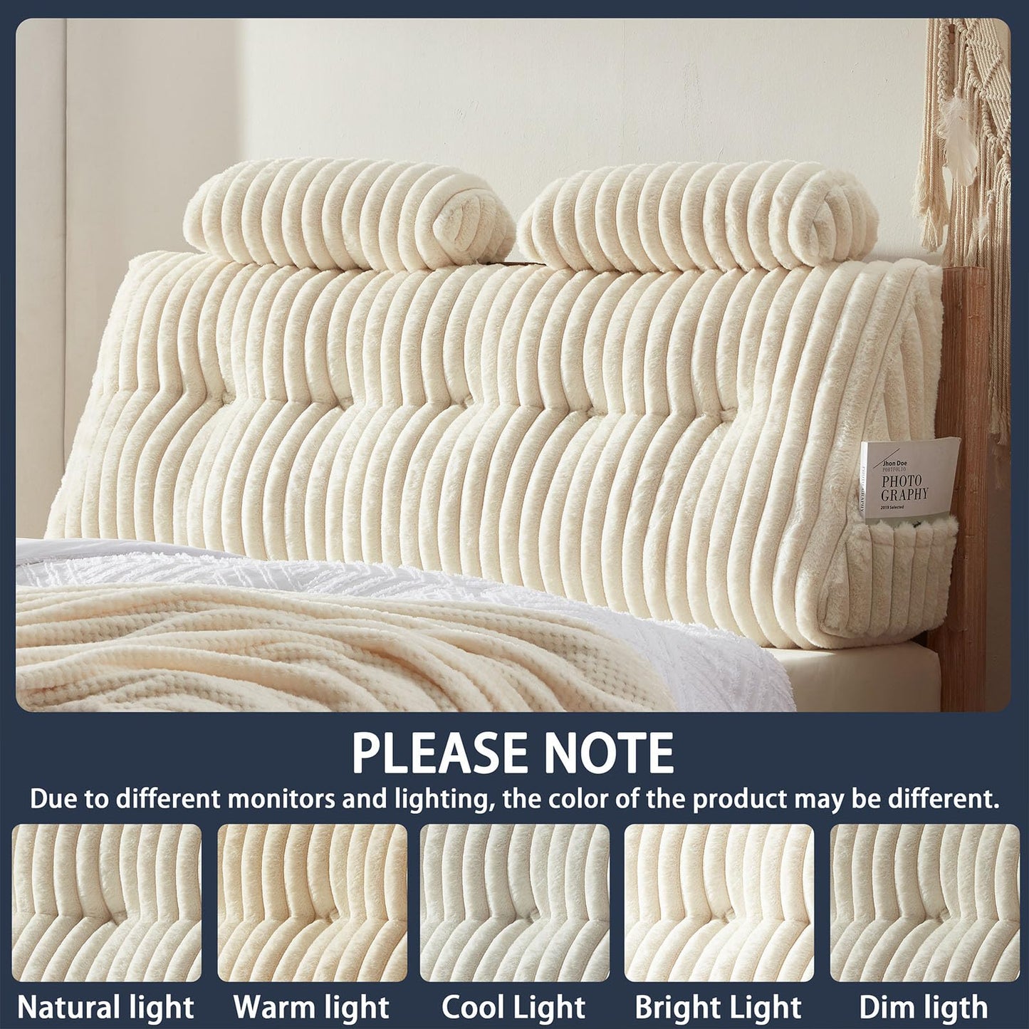 Rycwola Faux Fur Headboard Pillow with 2 Pack Neck Roll Pillow Large Headboard Pillow Soft and Supportive with Removable Cover (Beige, Queen)