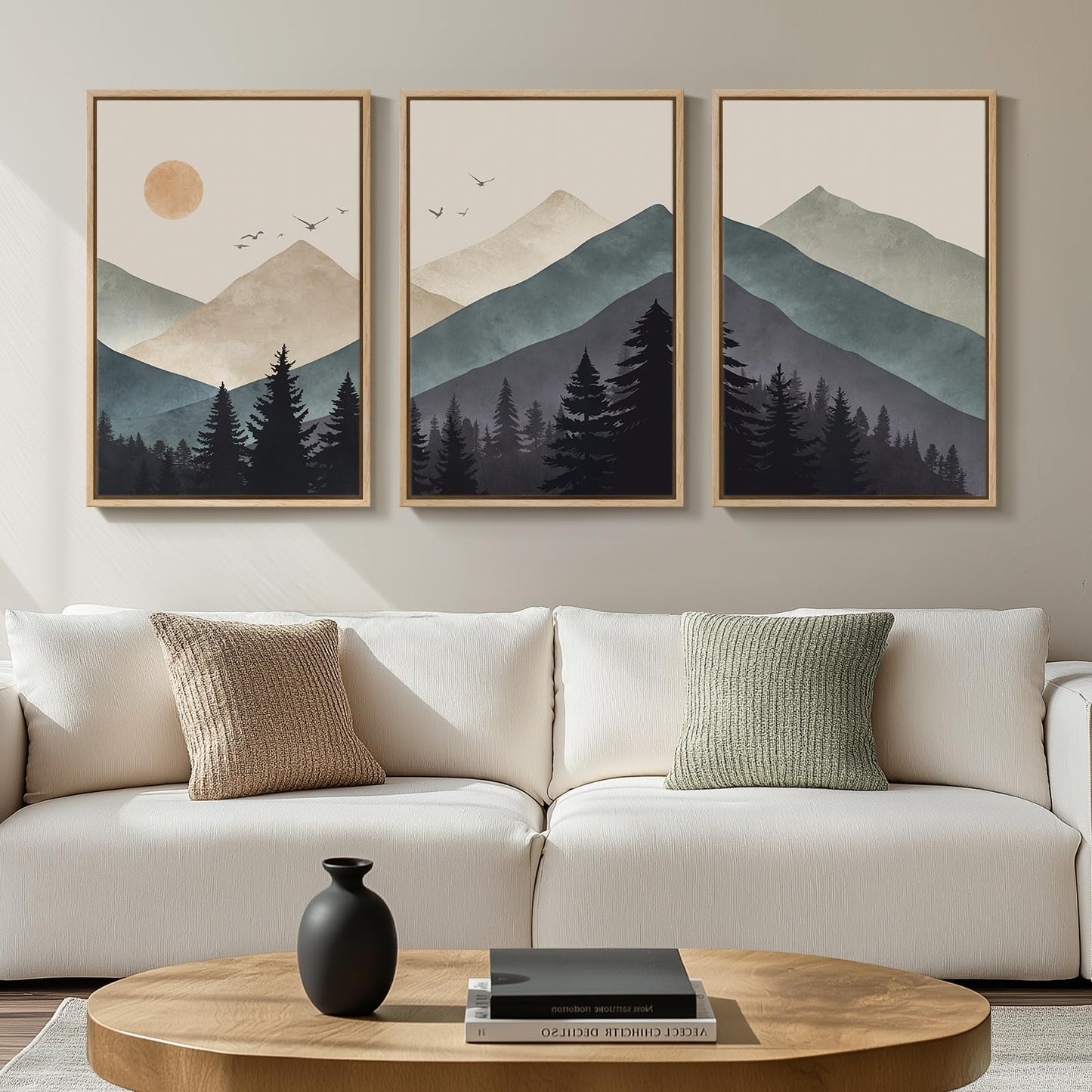 Cuspin Boho Framed Mountain Forest Landscape Wall Art, 3 Piece Bohemian Canvas Prints, Modern Nature Wall Art for Living Room, 3 Count, 16x24 Inch