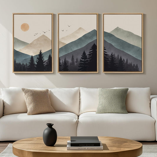 Cuspin Boho Framed Mountain Forest Landscape Wall Art, 3 Piece Bohemian Canvas Prints, Modern Nature Wall Art for Living Room, 3 Count, 16x24 Inch